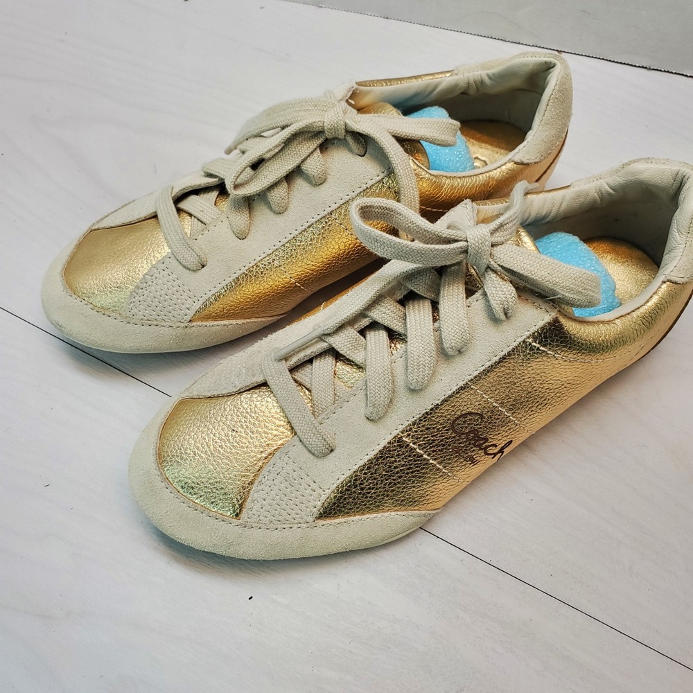 Coach Reina Gold Metallic Leather Suede Low Top Sneakers Q232 Womens 7M Glam Lux